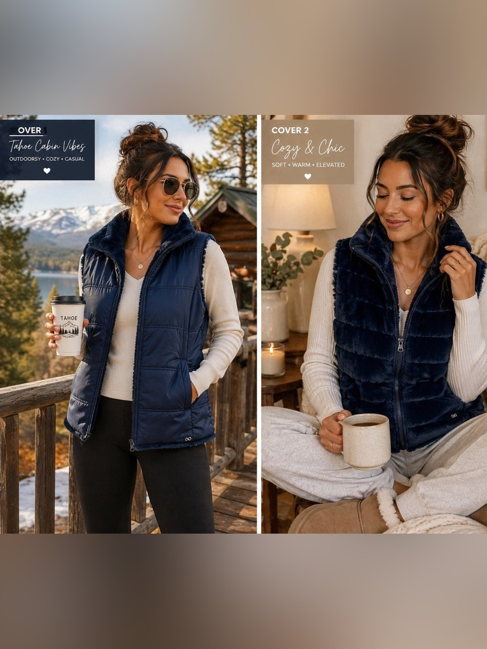Reversible Faux Fur Puffer Vest Navy Cozy Winter Medium